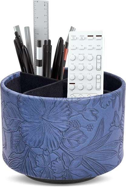 Round Leather Art Supply Organizer,Remote Control Holder,360 Degree Rotating,Multi-Functional Pencil Holder,4 Compartments Desktop Stationary Organizer(1-Blue Bird) - Colors C