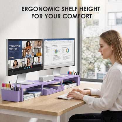 OPNICE Desk Organizers and Accessories, Dual Monitor Stand Riser with Drawer and 2 Pen Holders, Desk Shelf Metal Computer Racks for Office Workspace Organizers, Desktop Organization (Black Metal)