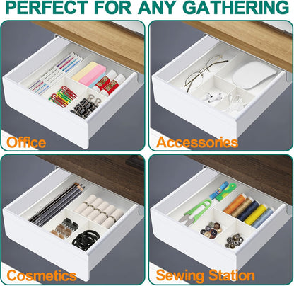 SVNNELP Under Desk Table Drawer Storage Organizer, Slide Out Drawer with 4 Compartments Divider,Pencil Storage Self-Adhesive Tray Under Table (M/White+White)