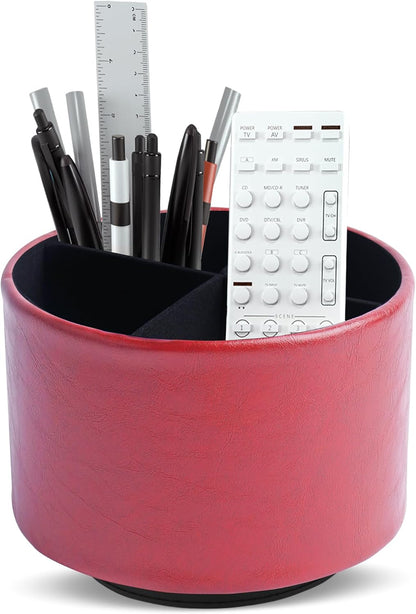 Round Leather Art Supply Organizer,Remote Control Holder,360 Degree Rotating,Multi-Functional Pencil Holder,4 Compartments Desktop Stationary Organizer(1-Blue Bird) - Colors B