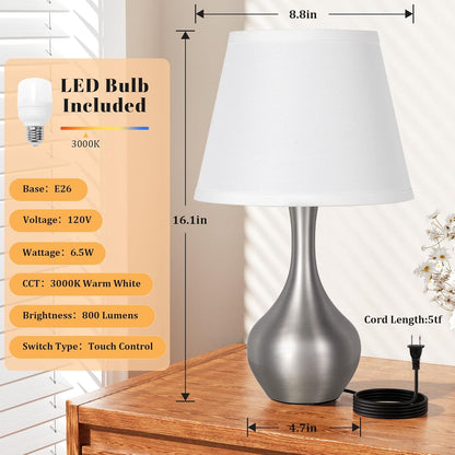 Seealle Touch Table Lamp for Bedroom, 3-Way Dimmable Small Bedside Lamps for Night Stands with Wires, Wood-Paint Desk Lamp for Kids Room, Office, Living Room, End Table(LED Bulb Included)