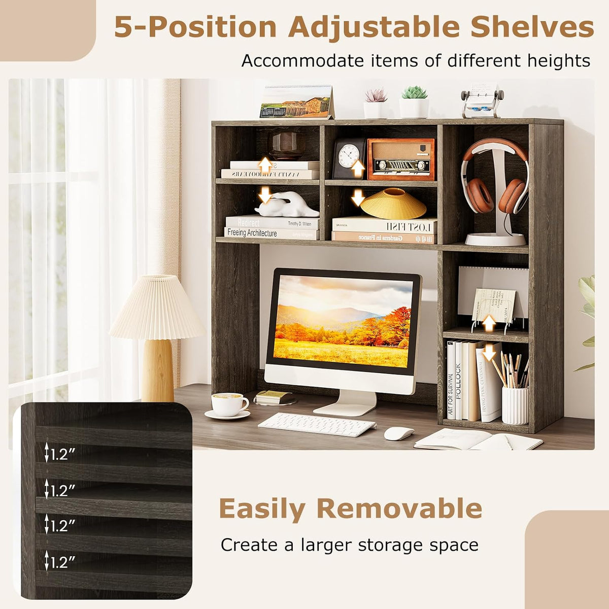Desktop Bookshelf, Countertop Storage Hutch with 5 Shelves for Computer Desk, Desk 3-Tier Display Rack, Multipurpose Wood Desktop Hutch Storage Organizer for Dorm Office Home