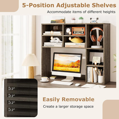 Desktop Bookshelf, Countertop Storage Hutch with 5 Shelves for Computer Desk, Desk 3-Tier Display Rack, Multipurpose Wood Desktop Hutch Storage Organizer for Dorm Office Home