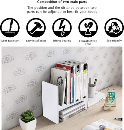 Jerry & Maggie Desktop Organizer Office Storage Rack Adjustable Wood Display Shelf Free Style Double H, Multi-Functional Mini Bookshelf for Desk Natural Stand (White)