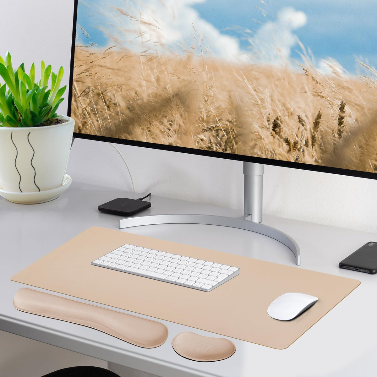 Bloss Leather Desk Pad and Keyboard Wrist Rest, Large Mouse Pad + Keyboard Pad+Mouse Wrist Support, Non-Slip Desk Mat Protector for Office, Home(31.5×15.7 Inches,Beige) - Colors B