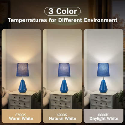 Small Bedside Table Lamp for Bedroom - Reading Desk Lamp with 3 Color Temperatures，15.5" Nightstand Ceramic Lamp with Fabric Shade for Kids Room,Living Room,Dorm,Home Office (Green)