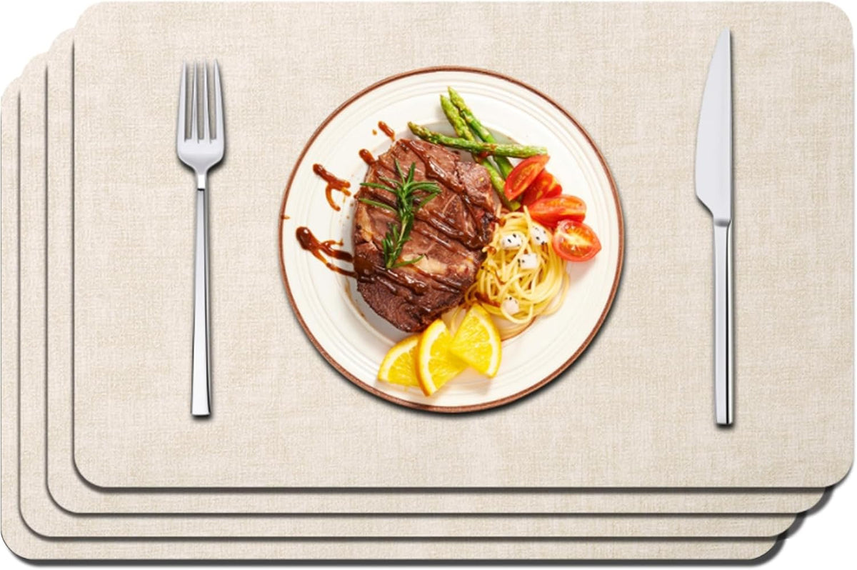 Maxpearl Faux Leather Placemats Set of 6 - Waterproof - Wipe Clean - Heat Resistant - Anti Slip Dining Table Place Mats, Suitable for Indoor & Outdoor Use, 17’’×12’’, Beige