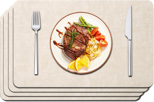 Maxpearl Faux Leather Placemats Set of 6 - Waterproof - Wipe Clean - Heat Resistant - Anti Slip Dining Table Place Mats, Suitable for Indoor & Outdoor Use, 17’’×12’’, Beige