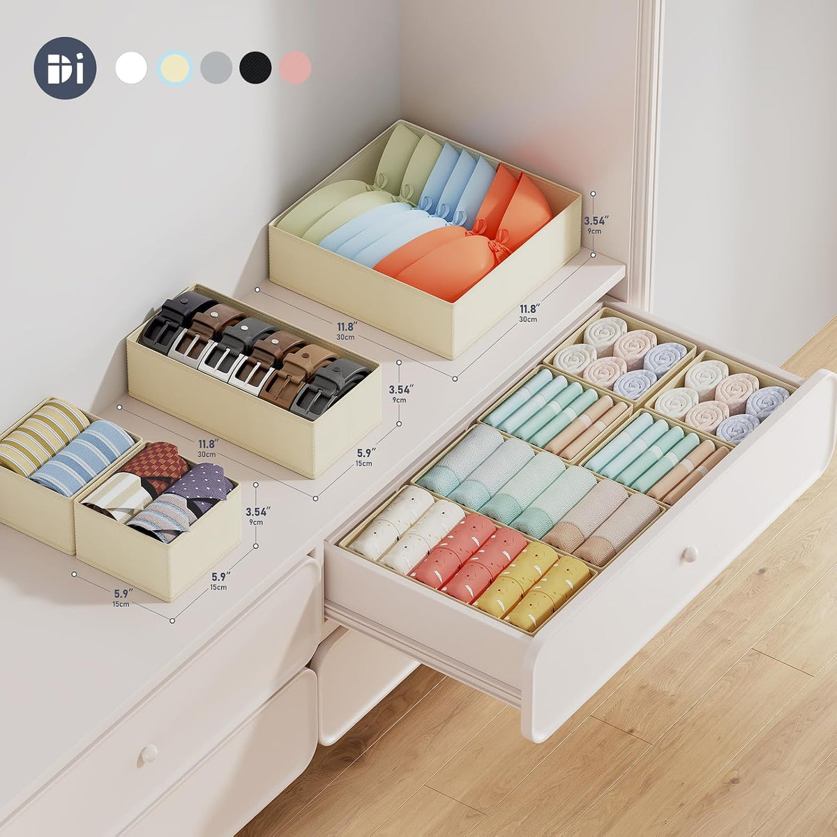 Drawer Organizer Clothes, Dresser Organizer, Foldable Closet Organizers and Storage, Fabric Dresser Bins, Drawer Dividers for Nursery, Baby Clothes, Underwears, Sock (Beige)