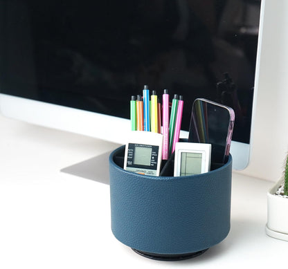 Round Leather Art Supply Organizer,Remote Control Holder,360 Degree Rotating,Multi-Functional Pencil Holder,4 Compartments Desktop Stationary Organizer(1-Blue Bird) - Colors B