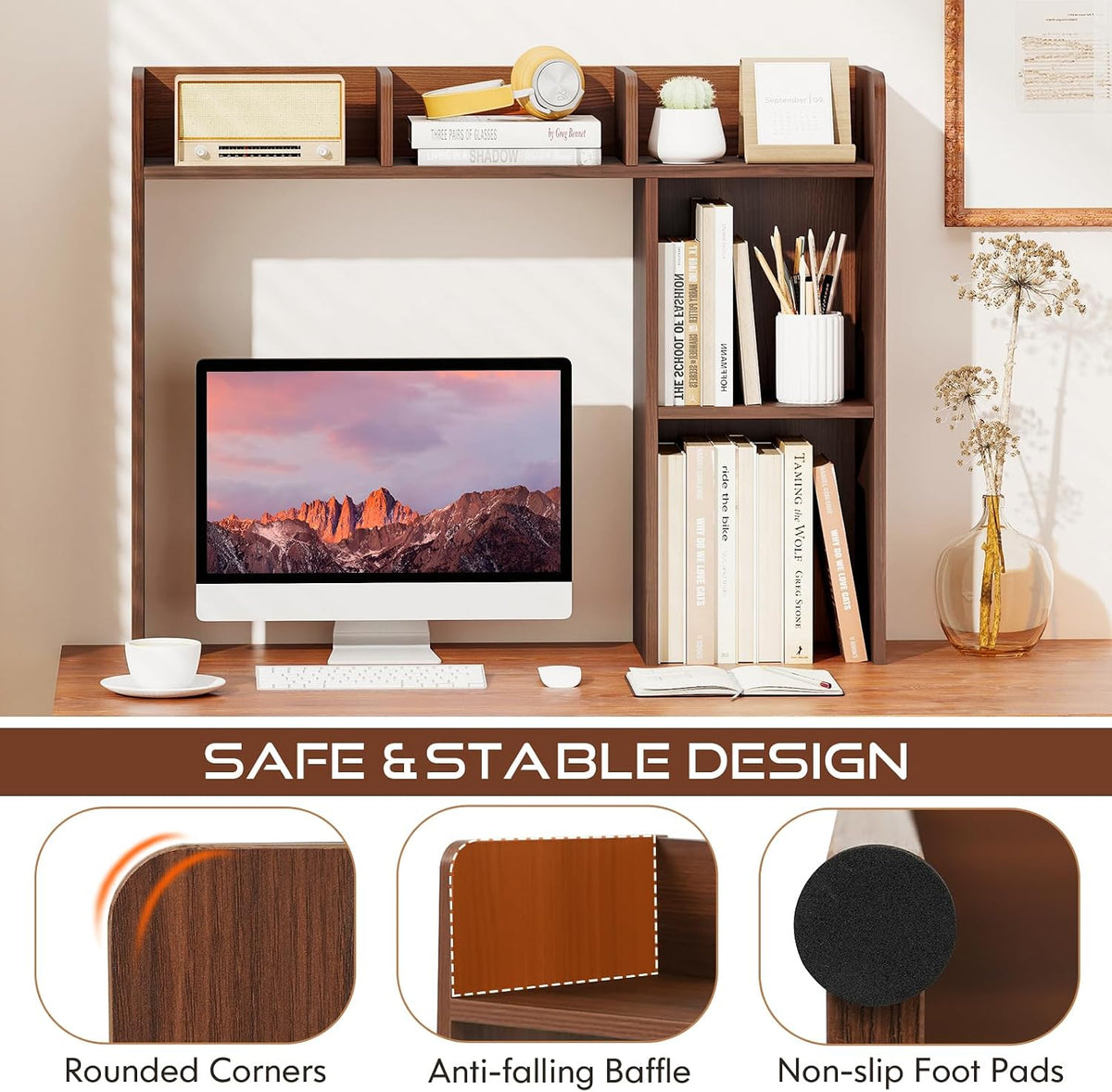 Desktop Bookshelf, Countertop Storage Hutch with 5 Shelves for Computer Desk, Desk 3-Tier Display Rack, Multipurpose Wood Desktop Hutch Storage Organizer for Dorm Office Home
