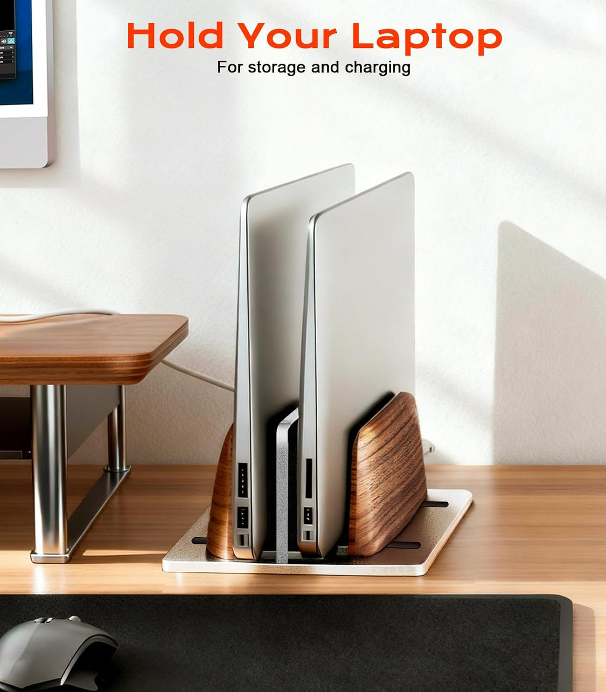 JCZT Vertical Laptop Stand, Walnut Dual Laptop Holder with Adjustable Aluminum Alloy Base Laptop Stand Compatible with All MacBok/Surface/Samsung/HP/Dell/Chrome Book (Silver)