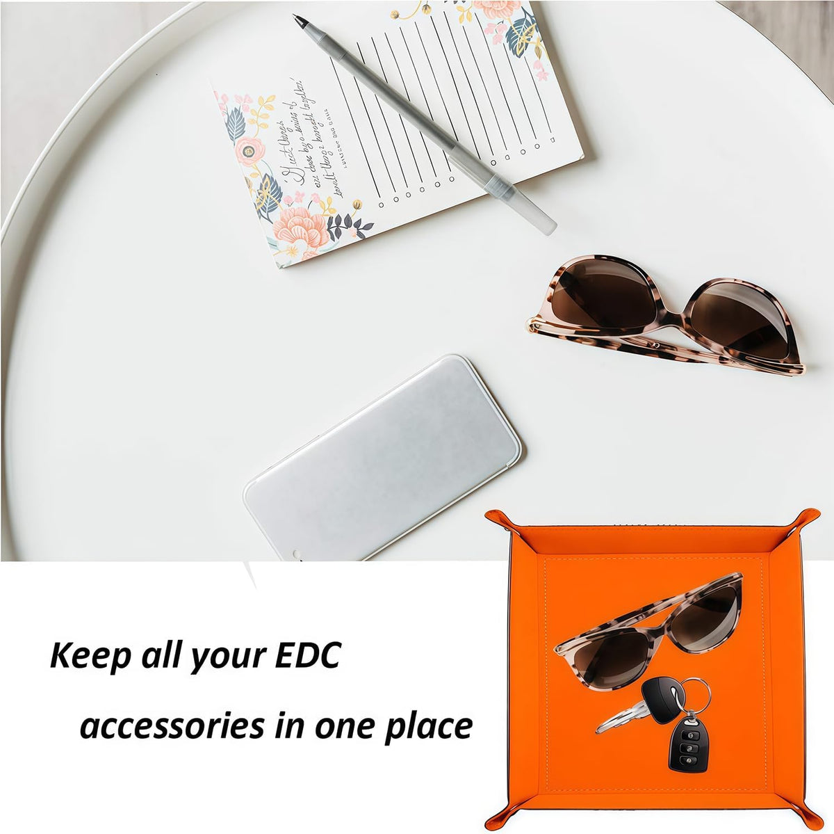 Valet Tray Desktop Storage Organizer – Vegan Leather Catchall Bedside Vanity Tray Nightstand Caddy Holder for Remote Controller, Watch, Keys, Phone, Wallet, Coin, Jewelry (Orange/Black)