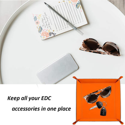 Valet Tray Desktop Storage Organizer – Vegan Leather Catchall Bedside Vanity Tray Nightstand Caddy Holder for Remote Controller, Watch, Keys, Phone, Wallet, Coin, Jewelry (Orange/Black)