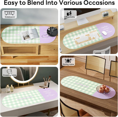 Checkered Pattern Desk Pad Protector, 35.5 x 13'' Aesthetic Mouse Mat for Desktop, Waterproof PU Leathe Non-Slip Desk Writing Pad for Office and Home, Green and Purple