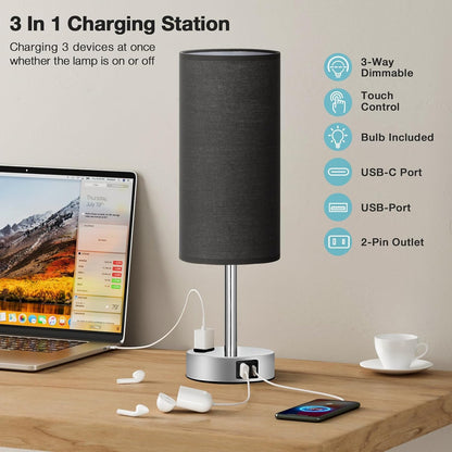 Fenmzee Bedside Table Lamp for Bedroom - Dimmable Touch, USB A+C, AC Outlet