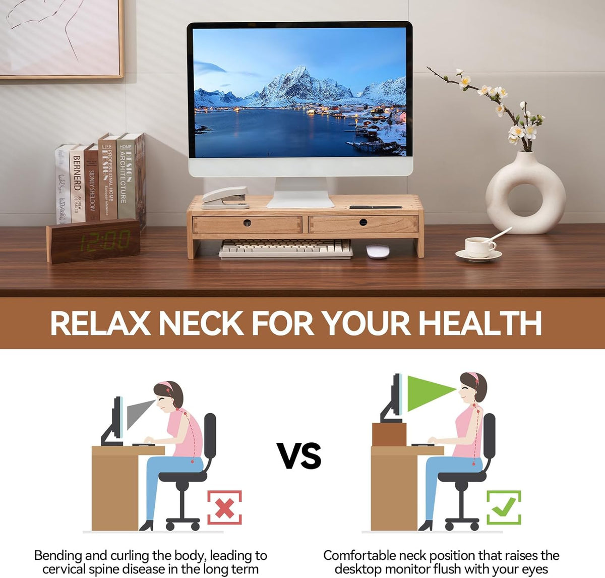KIRIGEN Wood Monitor Stand with 2 Drawers, Solid Wood Computer Monitor Riser for Desk, Desktop Organizer Shelf with Cable Management, Pen Slots, Brown, No Assembly PMJ-DBR