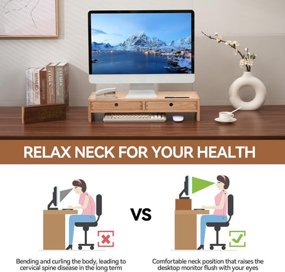 KIRIGEN Wood Monitor Stand with 2 Drawers, Solid Wood Computer Monitor Riser for Desk, Desktop Organizer Shelf with Cable Management, Pen Slots, Brown, No Assembly PMJ-DBR