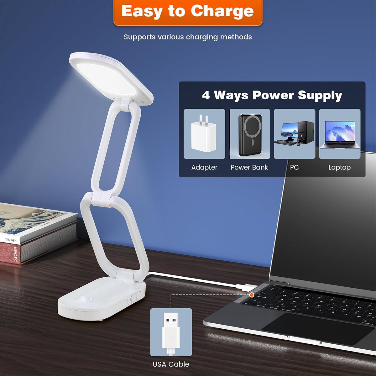 Foldable LED Desk Lamp, Rechargeable Battery Operated Portable Light with 3 Brightness Levels, 180° Adjustable Eye-Caring Mini Lamp for Home Office, Reading & Travel (White)
