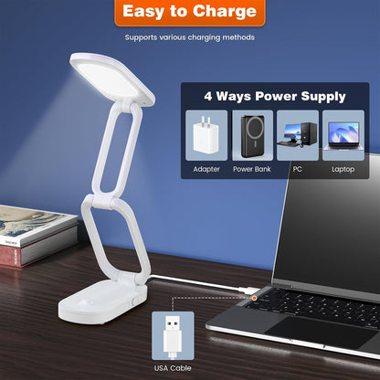 Foldable LED Desk Lamp, Rechargeable Battery Operated Portable Light with 3 Brightness Levels, 180° Adjustable Eye-Caring Mini Lamp for Home Office, Reading & Travel (White)