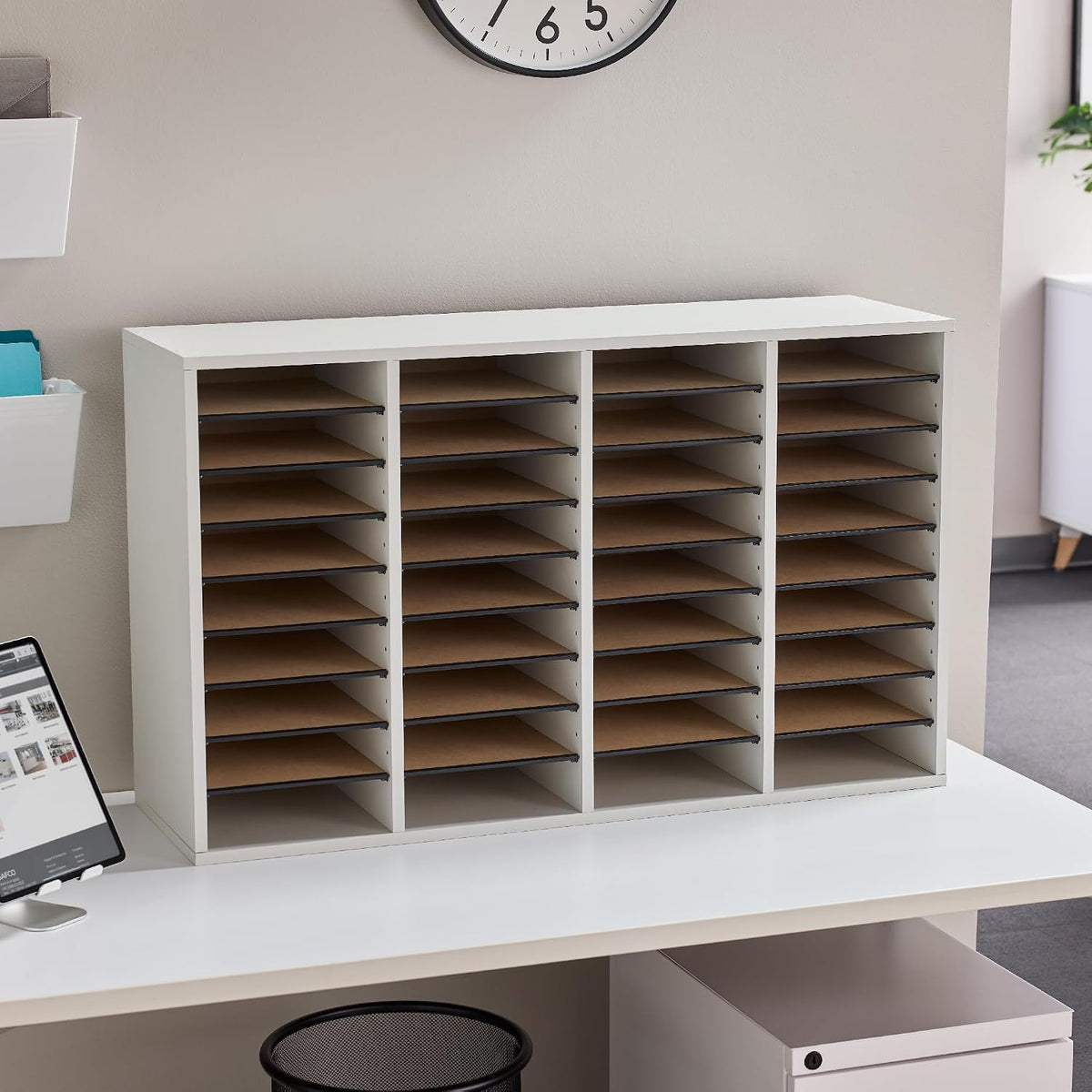 Safco 9422GR Wood Adjustable Literature & Paper Organizer, 16 Adjustable Compratment, Stackable Durable Construction, Home, Office, Mailroom, Classroom Mailbox , Gray