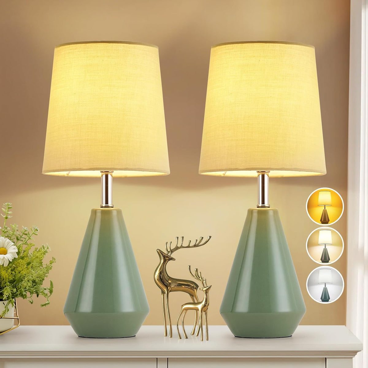 Small Bedside Table Lamp for Bedroom - Reading Desk Lamp with 3 Color Temperatures，15.5" Nightstand Ceramic Lamp with Fabric Shade for Kids Room,Living Room,Dorm,Home Office (Green)
