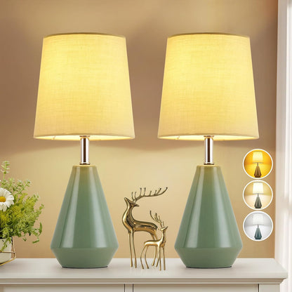 Small Bedside Table Lamp for Bedroom - Reading Desk Lamp with 3 Color Temperatures，15.5" Nightstand Ceramic Lamp with Fabric Shade for Kids Room,Living Room,Dorm,Home Office (Green)