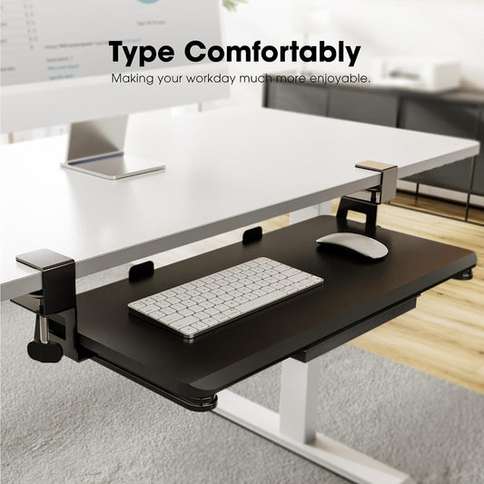 Fenge Keyboard Tray Under Desk, Pull Out Keyboard & Mouse Tray with C Clamp Mount, Sliding Keyboard Holder for Desk, 25.6 x 11.8 inch Large Slide-Out Platform Computer Drawer for Typing