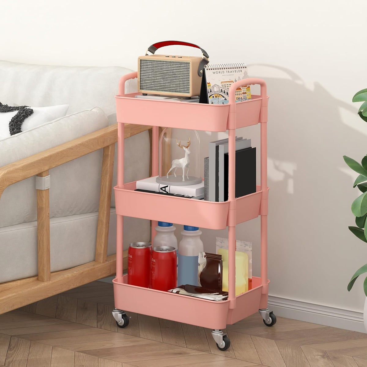Sywhitta 3-Tier Plastic Rolling Utility Cart with Handle, Multi-Functional Storage Trolley for Office, Living Room, Kitchen, Movable Storage Organizer with Wheels, Black