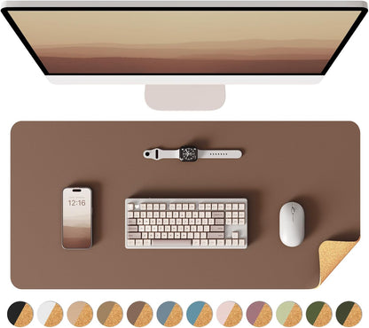 Double-Sided Desk Pad, 31.5"x15.7"Leather Desk Mat, Eco Cork Desk Pad Protector,Large Mouse Pad,Waterproof Desk Blotter for Office/Home(Coffee)