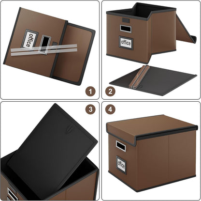 Upgraded Portable File Organizer Box with Lid, Collapsible Linen Hanging Filing Storage Boxes with Plastic Slides, Decorative Home/Office Filing System Box for File and Folders Storage (Gray)