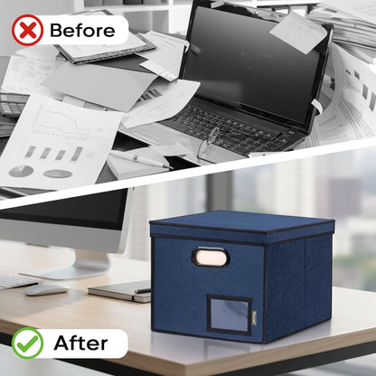 BALEINE File Organizer Box with Lid, Collapsible File Folder Organizer with Plastic Slide, Hanging File Folder Box for Office Document Storage (Black)