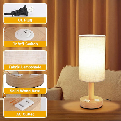 Small Bedside Table Lamp for Bedroom,Natural Round Wood Base&Fabric Linen Shade,Cozy Night Table Light for Study Reading,Minimalist Boho Desk Lamp for Nightstand,Living Room,Nursery,Kitchen,Dorm