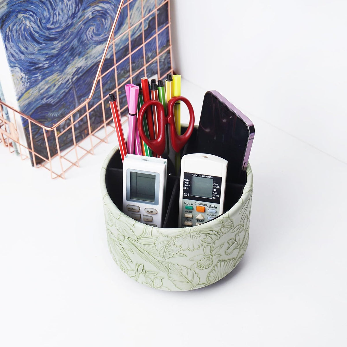 Round Leather Art Supply Organizer,Remote Control Holder,360 Degree Rotating,Multi-Functional Pencil Holder,4 Compartments Desktop Stationary Organizer(1-Blue Bird) - Colors B