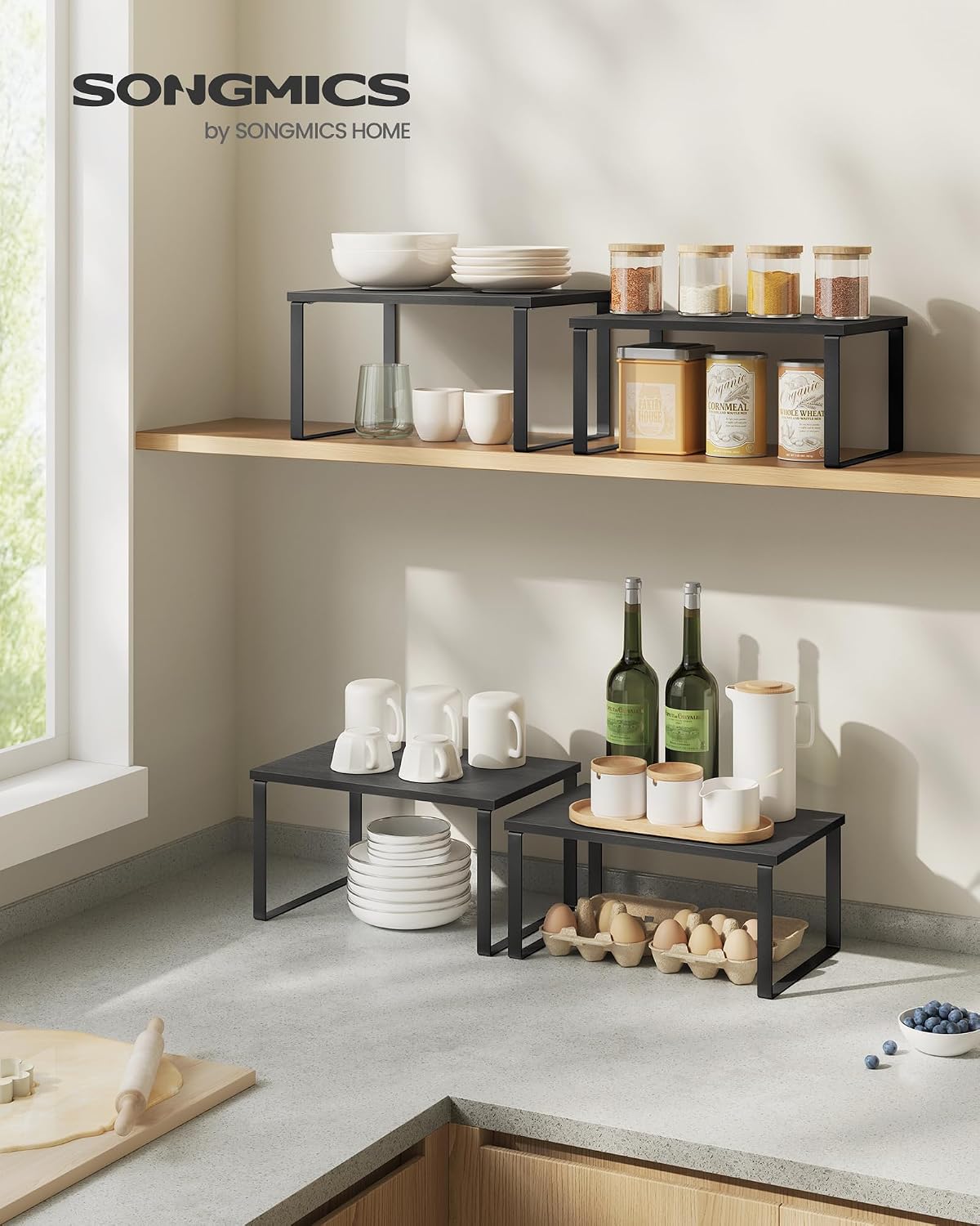 SONGMICS Cabinet Organizer Shelf, Set of 4 Kitchen Counter Shelves, Kitchen Storage, Spice Rack, Stackable, Expandable, Metal and Engineered Wood, Cloud White and Natural Beige UKCS010N01