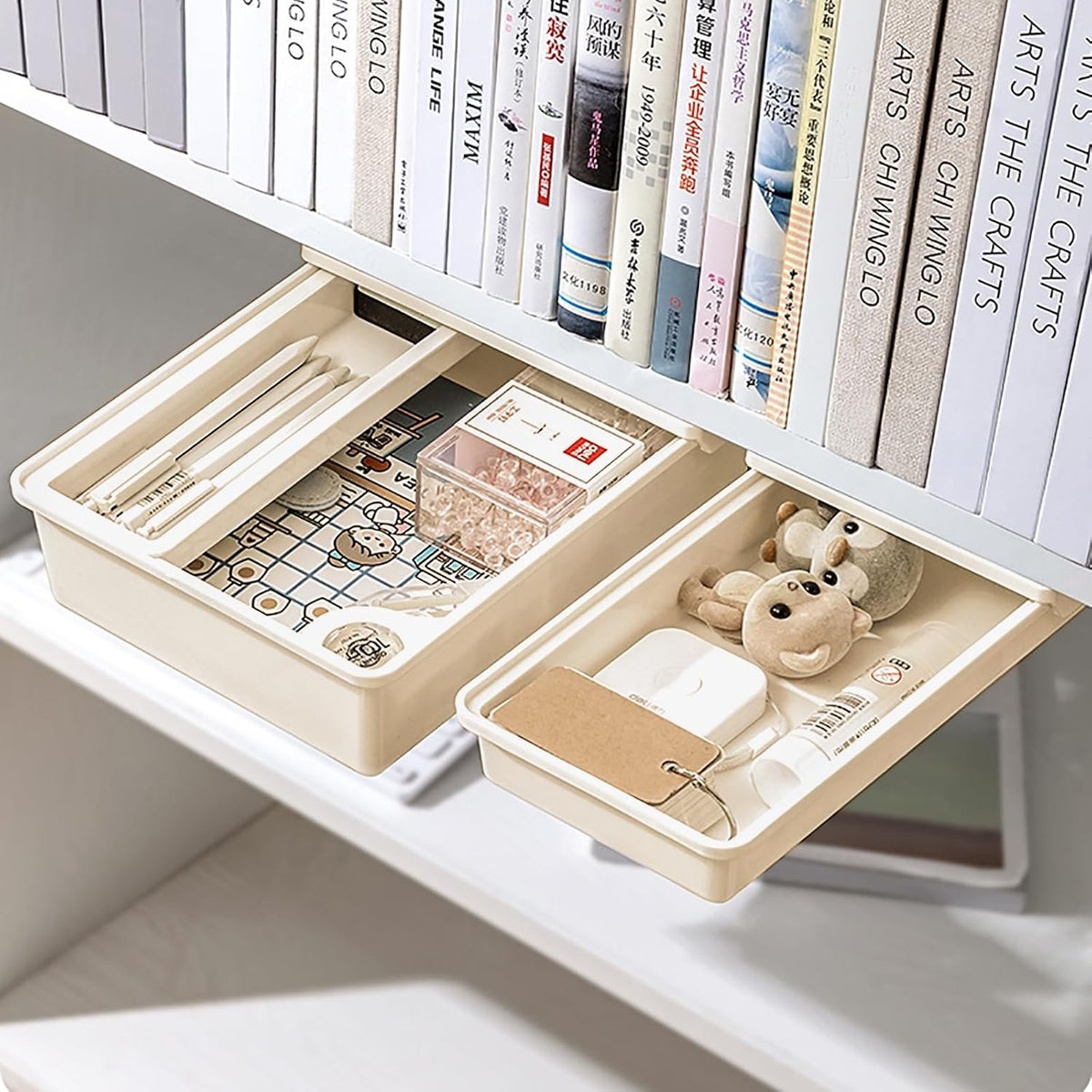 Cedilis 3 Pack Under Desk Drawer, Self-Adhesive Desk Organizer Drawers, Hidden Drawers Pencil Tray, Add a Drawer Under Table Easily, Attachable Desktop Organizer for Office School Home, Beige