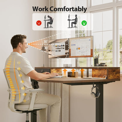 48 * 24 Inch Electric Standing Desk with Shelf & Led, Dark Walnut