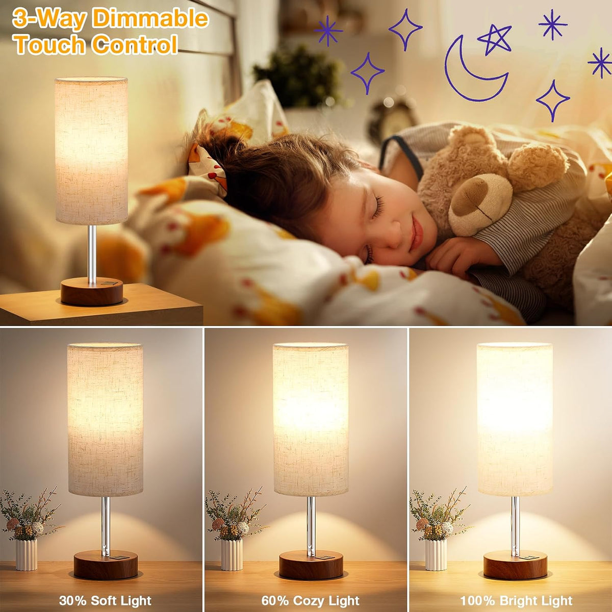Dicoool Bedside Table Lamp for Bedroom - 3-Way Dimmable Touch Lamp, USB A+C