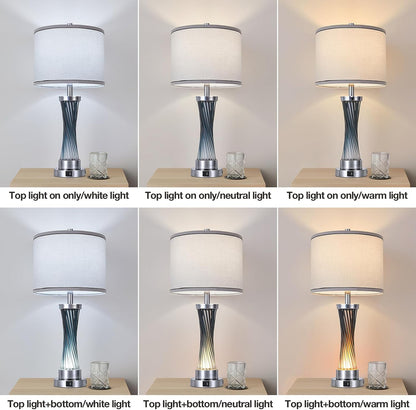 Small Bedside Table Lamp for Bedroom - Reading Desk Lamp with 3 Color Temperatures，15.5" Nightstand Ceramic Lamp with Fabric Shade for Kids Room,Living Room,Dorm,Home Office (Green)