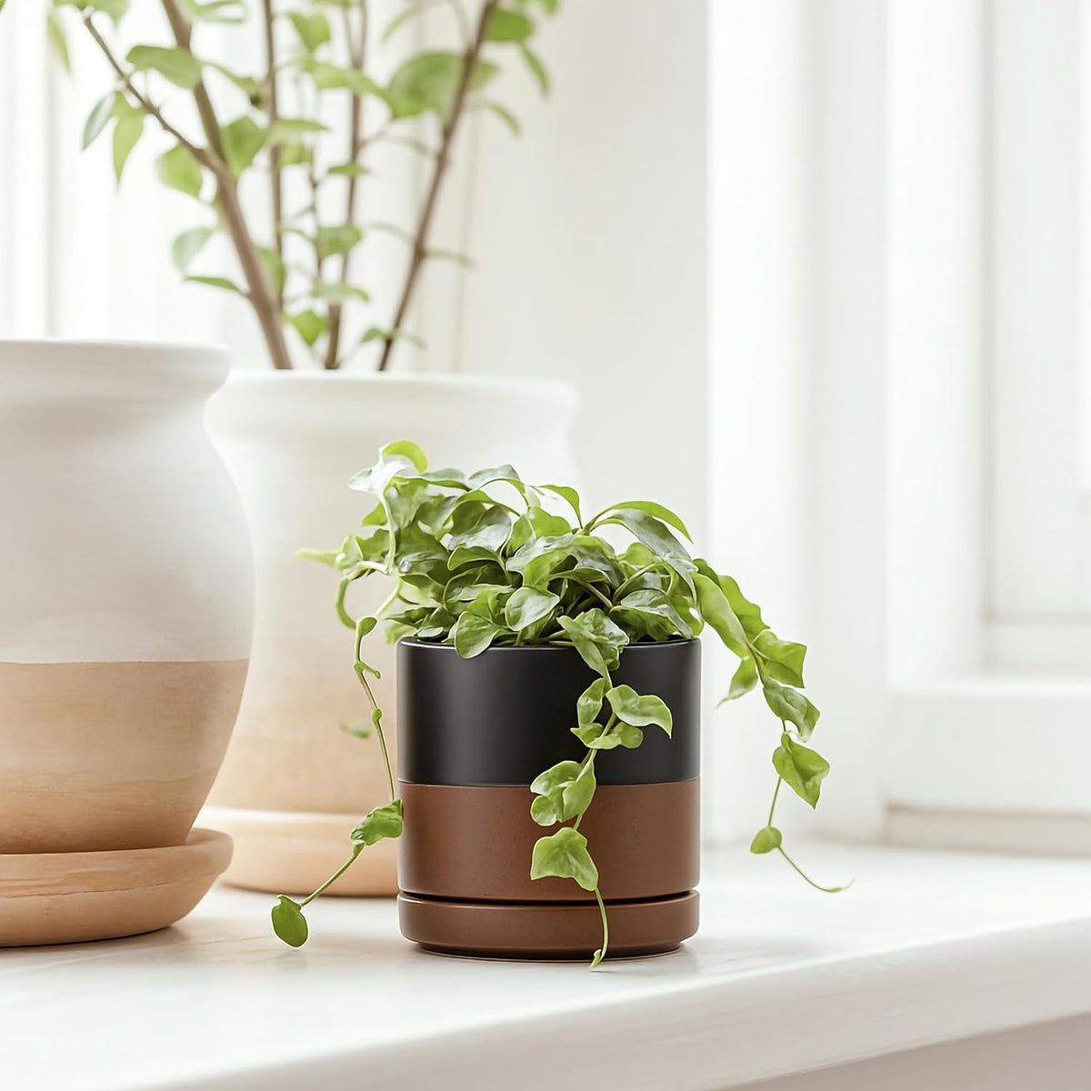 D'vine Dev 4.7 Inch Ceramic Planter Pot with Drainage Hole and Saucer, Indoor Cylinder Round Planter Pot, Teal, 94-O-B-9
