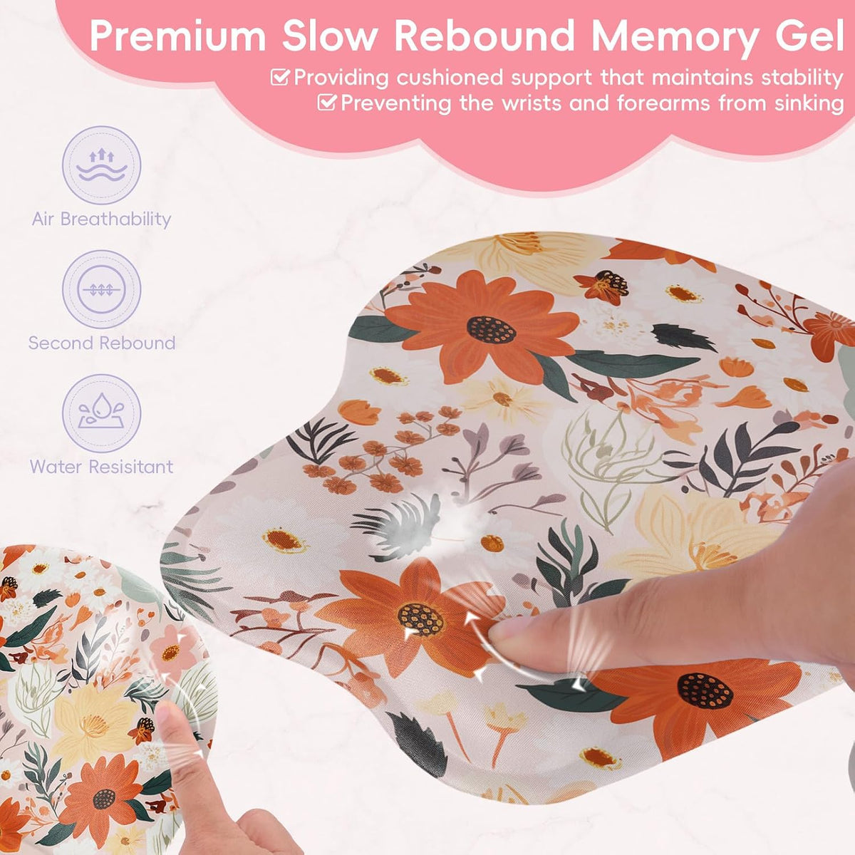 Wrist Support Mouse Pad Anti Slip Rubber Wrist Rest Mousepad 9in X 8in Small Desktop Notebook Mouse Mat for Working and Gaming (M-Pink Floral)