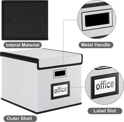 Upgraded Portable File Organizer Box with Lid, Collapsible Linen Hanging Filing Storage Boxes with Plastic Slides, Decorative Home/Office Filing System Box for File and Folders Storage (Gray)