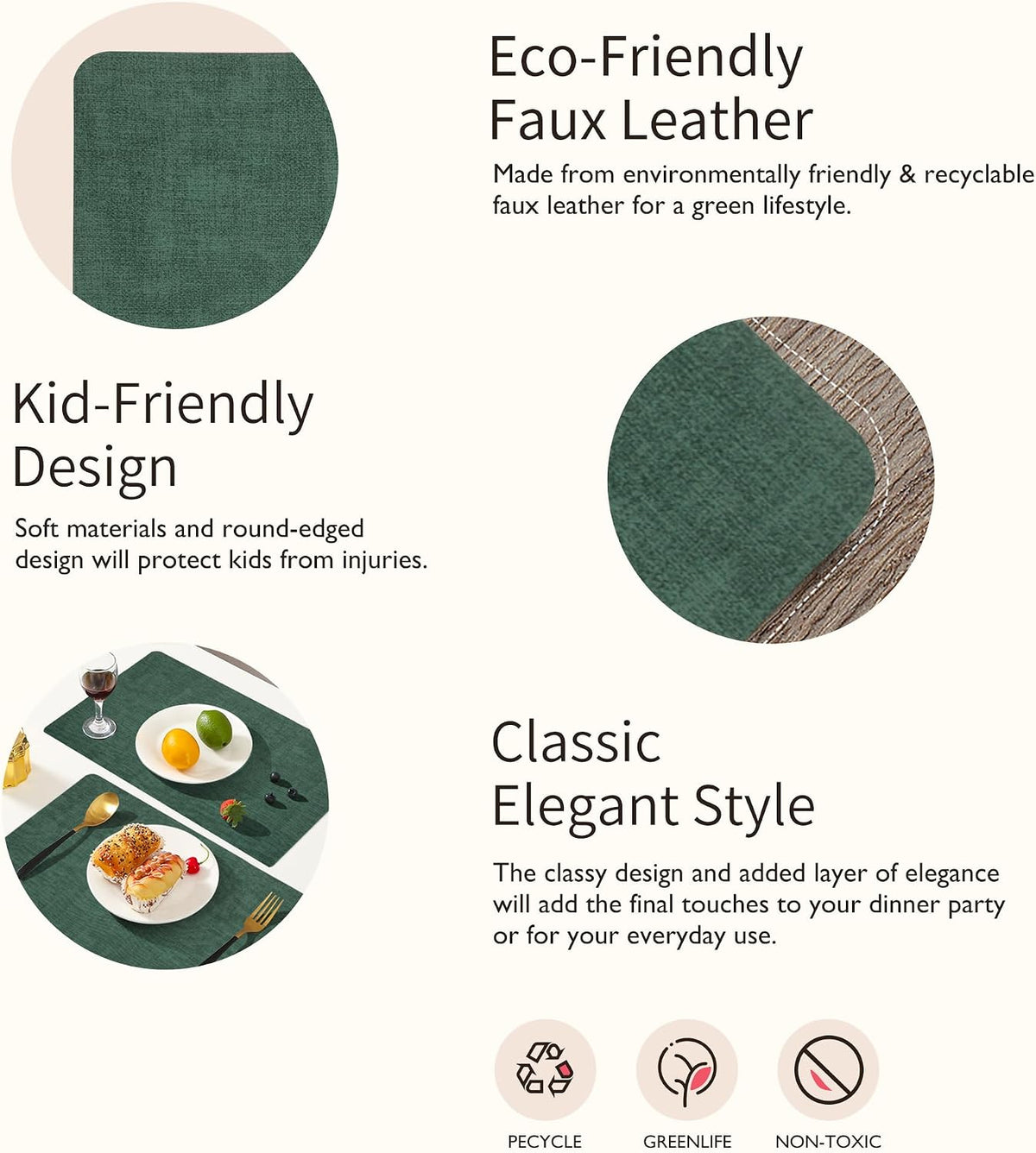 Maxpearl Faux Leather Placemats Set of 6 - Waterproof - Wipe Clean - Heat Resistant - Anti Slip Dining Table Place Mats, Suitable for Indoor & Outdoor Use, 17’’×12’’, Beige