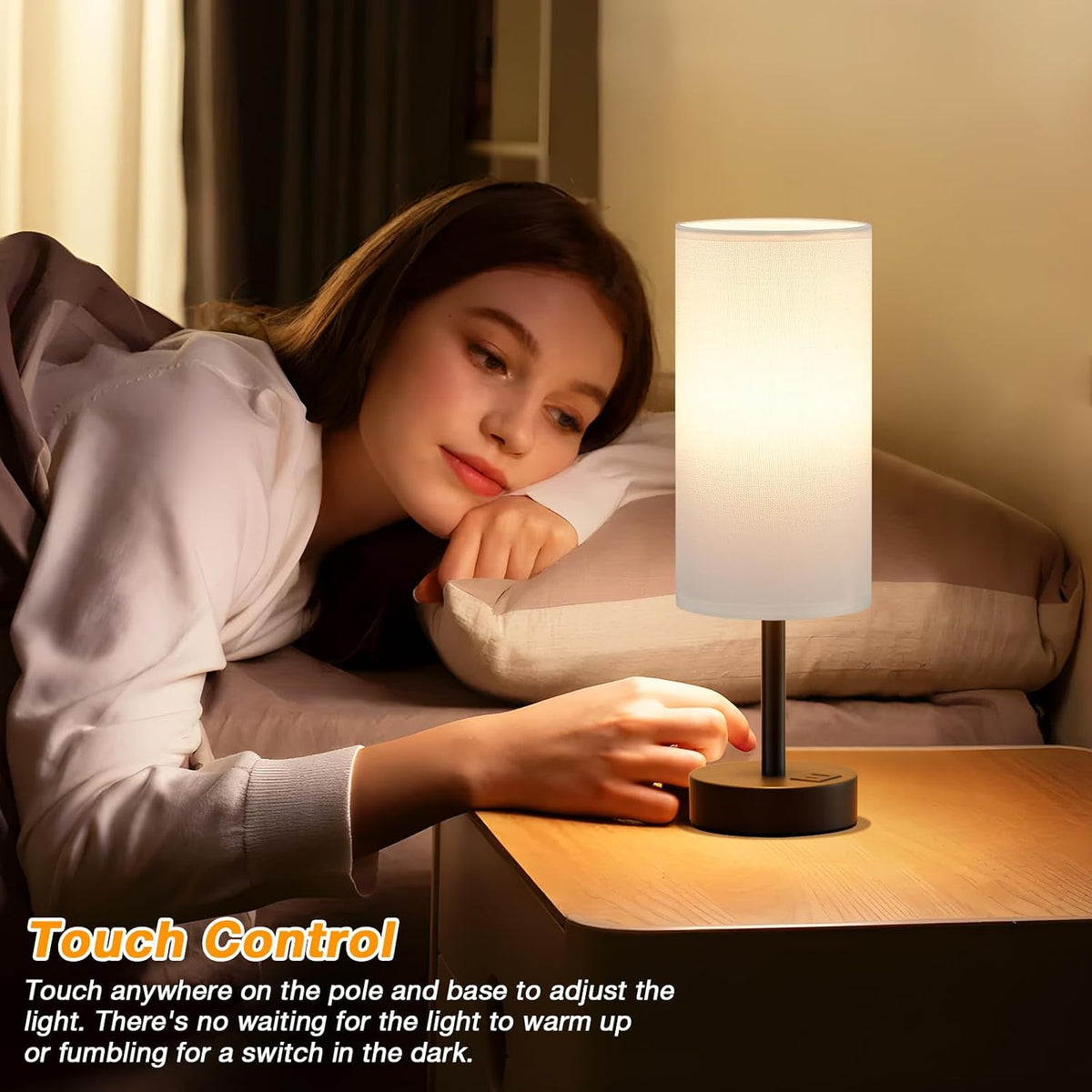 Dicoool Bedside Table Lamp for Bedroom - 3-Way Dimmable Touch Lamp, USB A+C
