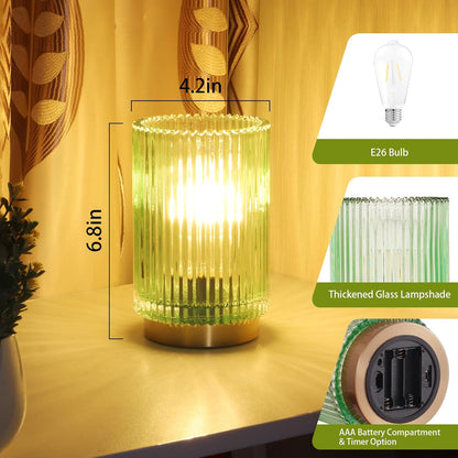 Battery Operated Lamp, Cordless Table Lamp with Timer, Desk Bedside Lamps with LED Warm Light, Glass Small Table Lamp for Bedroom, Bathroom, Living Room, Home Decor - Amber