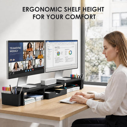 OPNICE Desk Organizers and Accessories, Dual Monitor Stand Riser with Drawer and 2 Pen Holders, Desk Shelf Metal Computer Racks for Office Workspace Organizers, Desktop Organization (Black Metal)