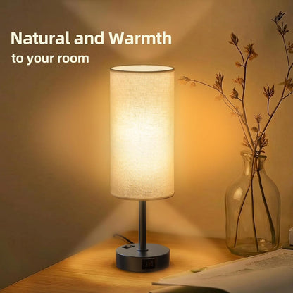 Table Lamp for Nightstand, High-Sensitivity Touch, 3-Level Dimmable Bedside Lamp with AC Outlet | USB | and USB-C, Ideal Night Stand Lamp for Bedroom, Reading, Living Room(Warm&Wooden)