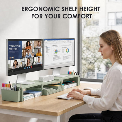 OPNICE Desk Organizers and Accessories, Dual Monitor Stand Riser with Drawer and 2 Pen Holders, Desk Shelf Metal Computer Racks for Office Workspace Organizers, Desktop Organization (Black Metal)