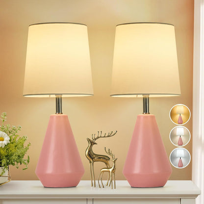 Small Bedside Table Lamp for Bedroom - Reading Desk Lamp with 3 Color Temperatures，15.5" Nightstand Ceramic Lamp with Fabric Shade for Kids Room,Living Room,Dorm,Home Office (Green)