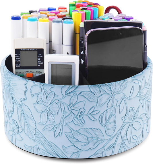 Round Leather Art Supply Organizer,Remote Control Holder,360 Degree Rotating,Multi-Functional Pencil Holder,4 Compartments Desktop Stationary Organizer(1-Blue Bird) - Colors B
